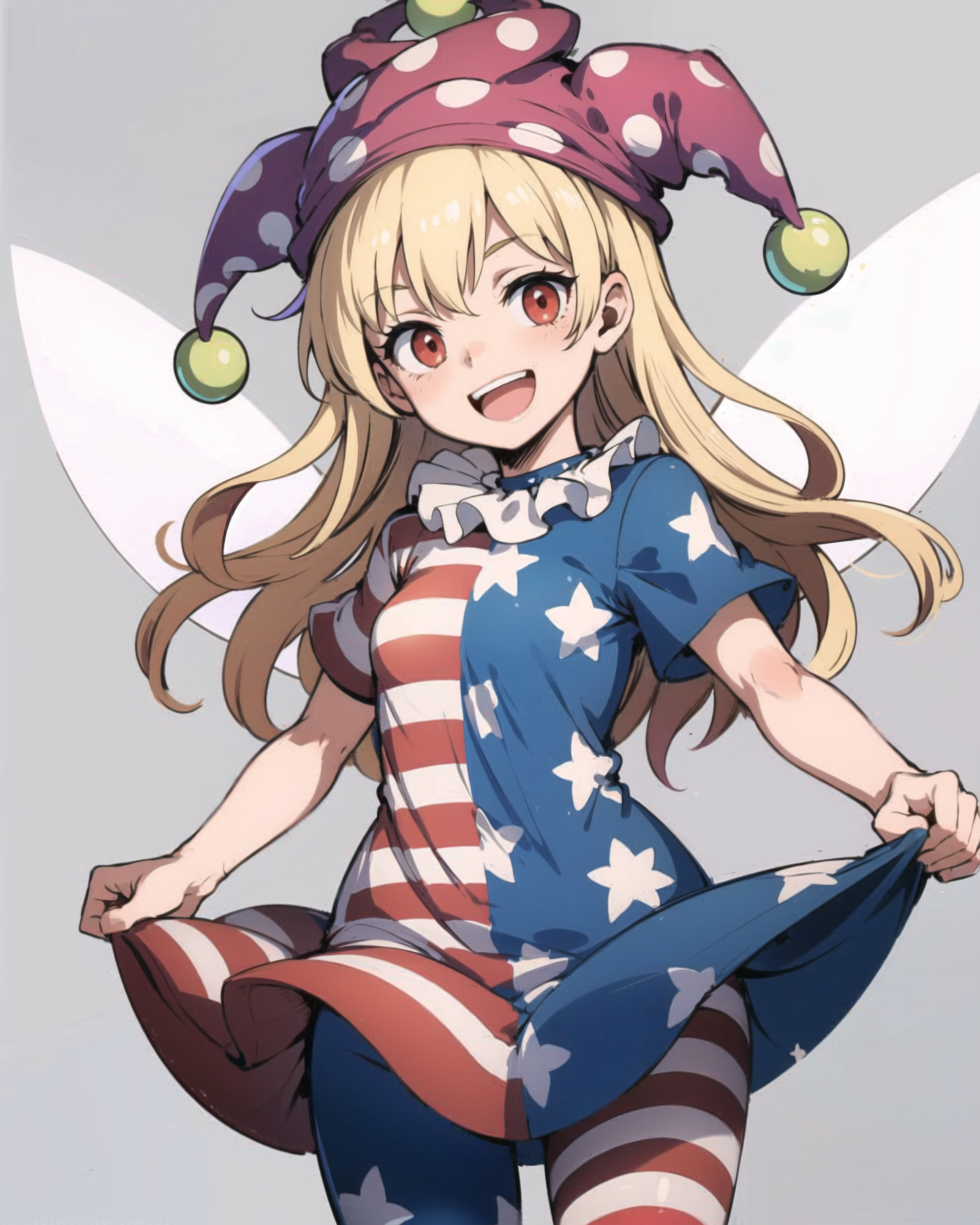00600-1242709465-masterpiece, best quality, _lora_Clownpiece_1_,1girl,jester cap. polka dot,long hair,blonde hair, red eyes,neck ruff, striped dr.png